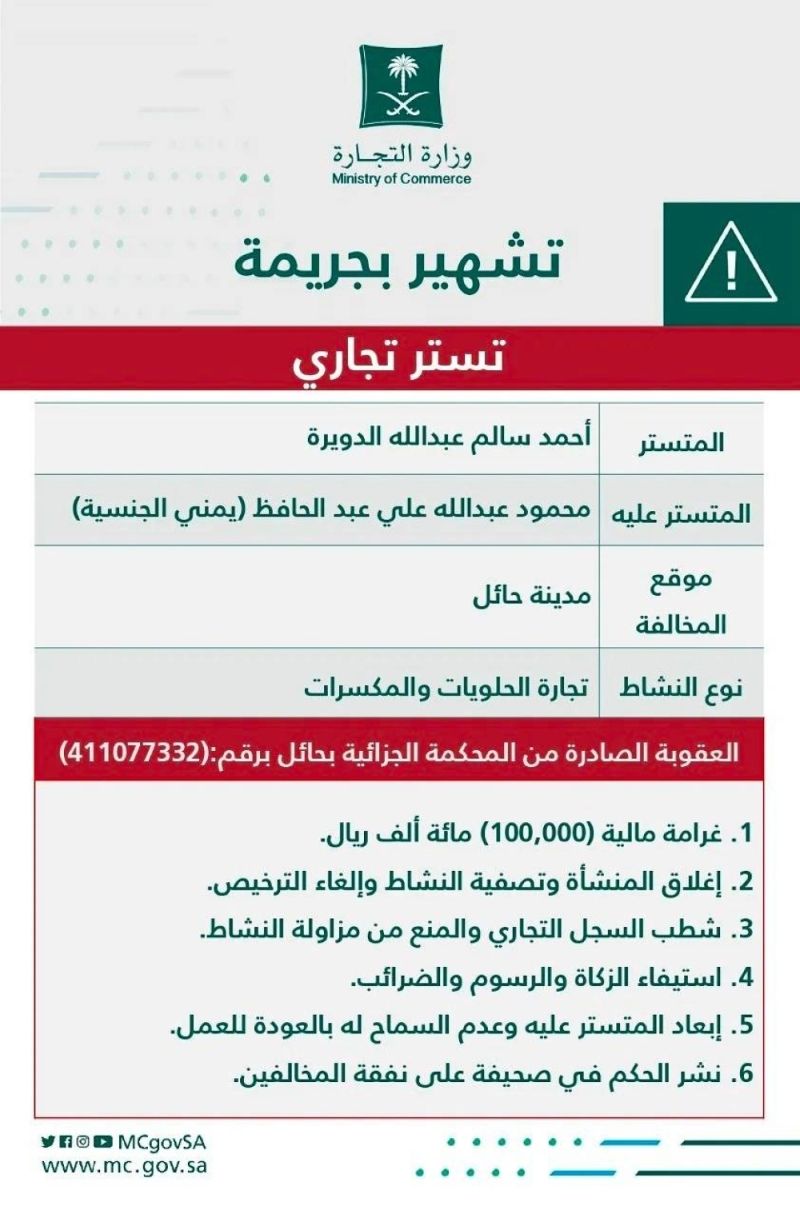 السعودية: التشهير بالمواطن "أحمد الدويرة" صاحب محل مختص بـ"الحلويات" في حائل.. والكشف عن المخالفة والعقوبات الصادرة بحقه