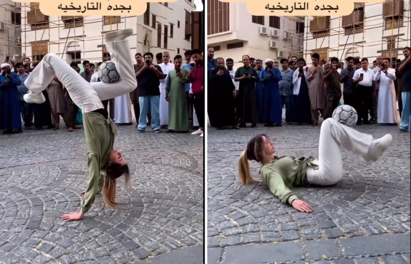 بالفيديو: فتاة حسناء تستعرض مهاراتها في ترويض الكرة في جدة السعودية وسط إعجاب من الحضور