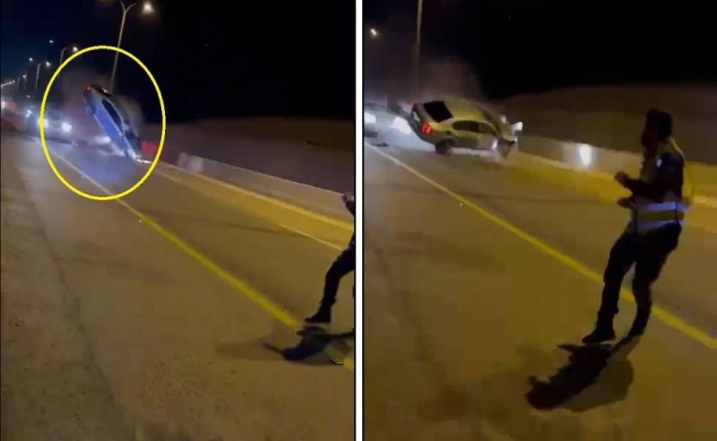حادث انقلاب مروع لسيارة على بعد أمتار من نقطة تفتيش في السعودية ونجاة رجل أمن (فديو)