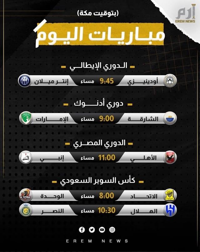 مواعيد مباريات اليوم والقنوات الناقلة