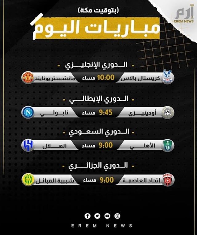 مواعيد مباريات اليوم والقنوات الناقلة