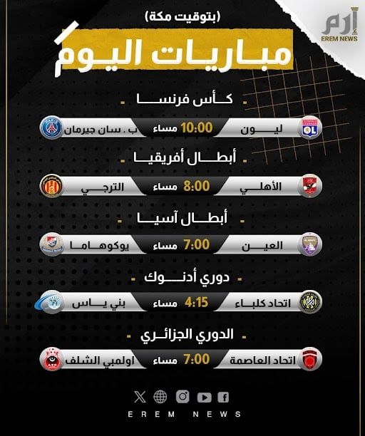 مواعيد مباريات اليوم والقنوات الناقلة