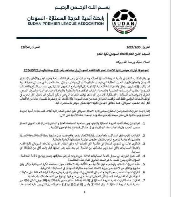 رابطة أندية الدوري السوداني ترفض المشاركة في "السوبر"