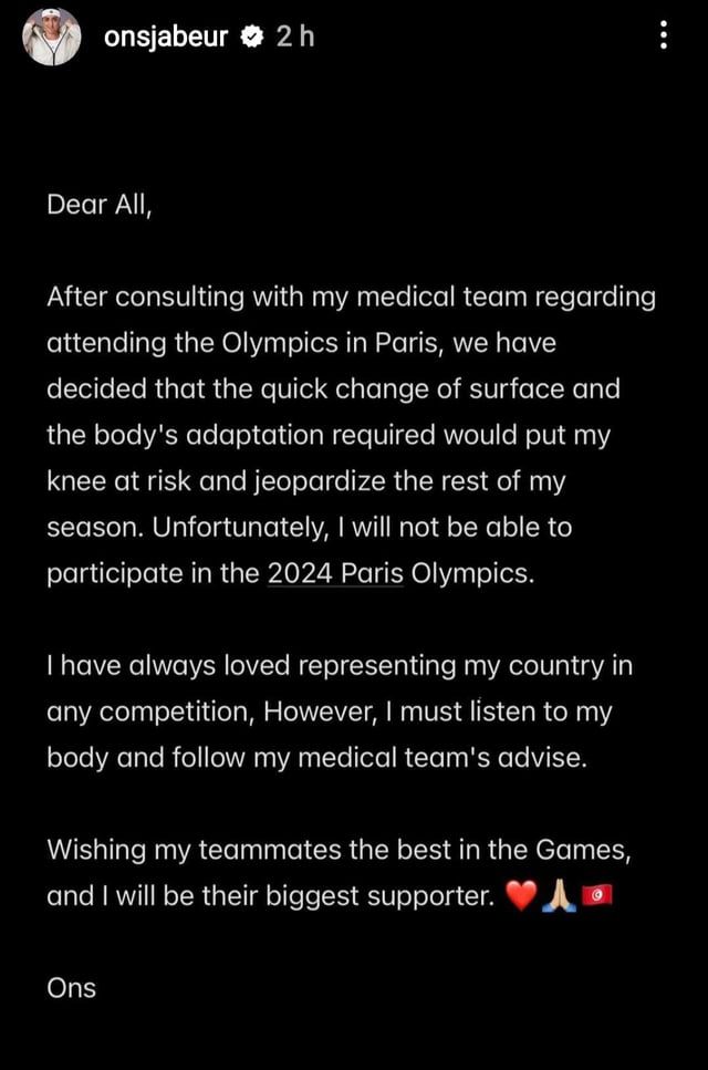 أنس جابر تغيب عن أولمبياد باريس وتكشف الأسباب