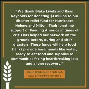 مليون دولار من بليك ليفلي وريان رينولدز لمتضرري هيلين و ميلتون