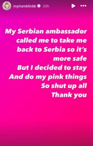 “السفارة الصربية تواصلت معي لتعيدني الى صربيا لكنني قررت البقاء”… ميريام كلينك: اصمتوا جميعا وشكرا