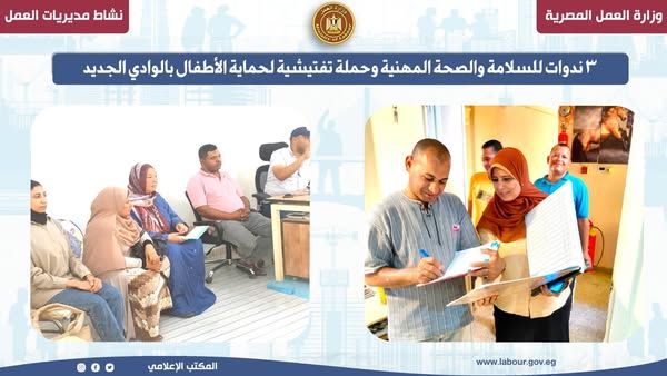 ندوات للتوعية بالسلامة والصحة المهنية وحملة تفتيشية لحماية الأطفال بالوادي الجديد.. نشاط مديريات العمل في 10 محافظات - الخليج الان