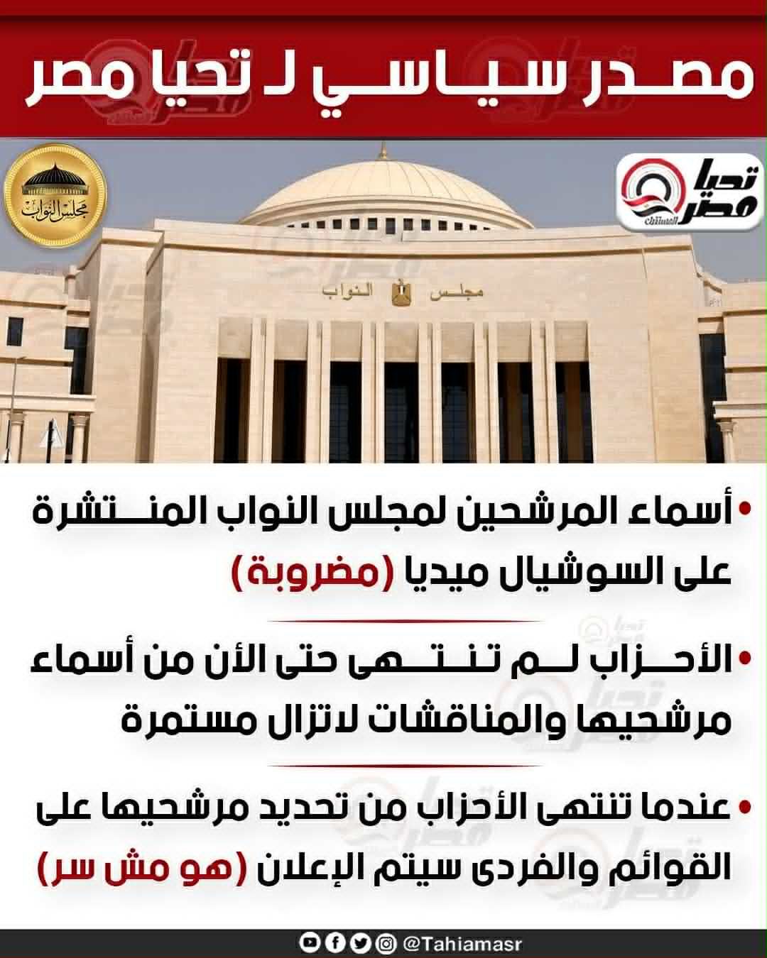 مصدر سياسي لـ تليجراف الخليج: أسماء مرشحي النواب المتداولة على السوشيال ميديا غير صحيحة - الخليج الان