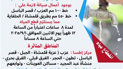 قطع مياه الشرب عن عدد من قرى مركز إطسا بالفيوم 8 ساعات لإجراء أعمال صيانة - الخليج الان