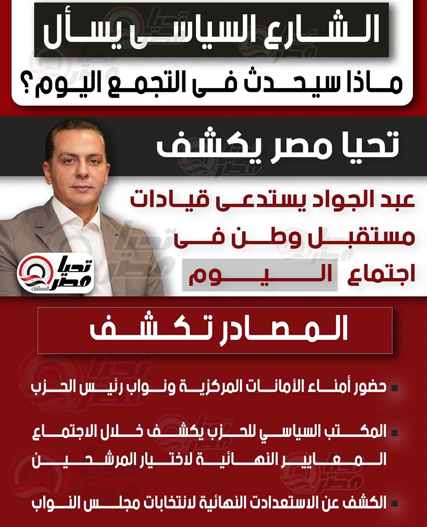 الشارع السياسي يسأل.. ماذا سيحدث في التجمع اليوم؟.. تليجراف الخليج يكشف: عبد الجواد يستدعي قيادات مستقبل وطن في اجتماع - الخليج الان