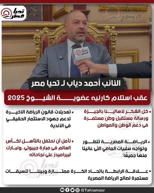 النائب أحمد دياب لـ تليجراف الخليج عقب استلام كارنيه عضوية الشيوخ 2025: كل الشكر لأهالينا بالجيزة .. ورسالة مستقبل وطن مستمرة فى دعم الوطن والمواطن - فيديو - الخليج الان