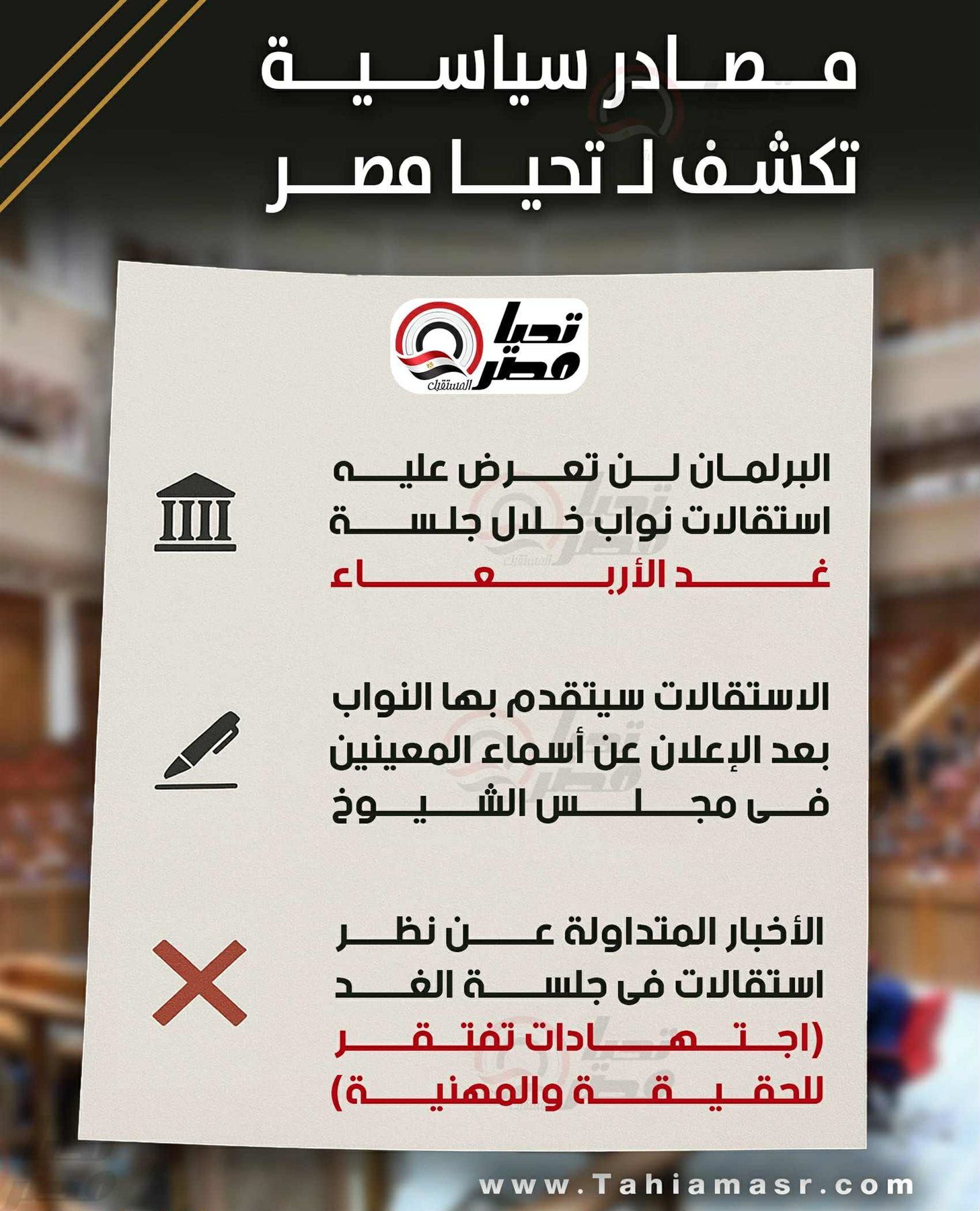 مصادر سياسية لـ تليجراف الخليج: البرلمان لن تعرض عليه استقالات نواب خلال جلسة غد الأربعاء - الخليج الان