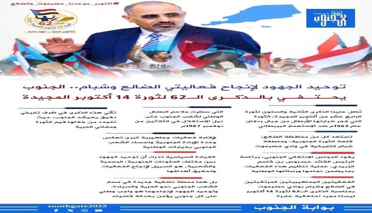 الانظار تتجه للاحتفال بالذكرى الـ62 لثورة 14 أكتوبر المجيدة في محافظتي الضالع وحضرموت