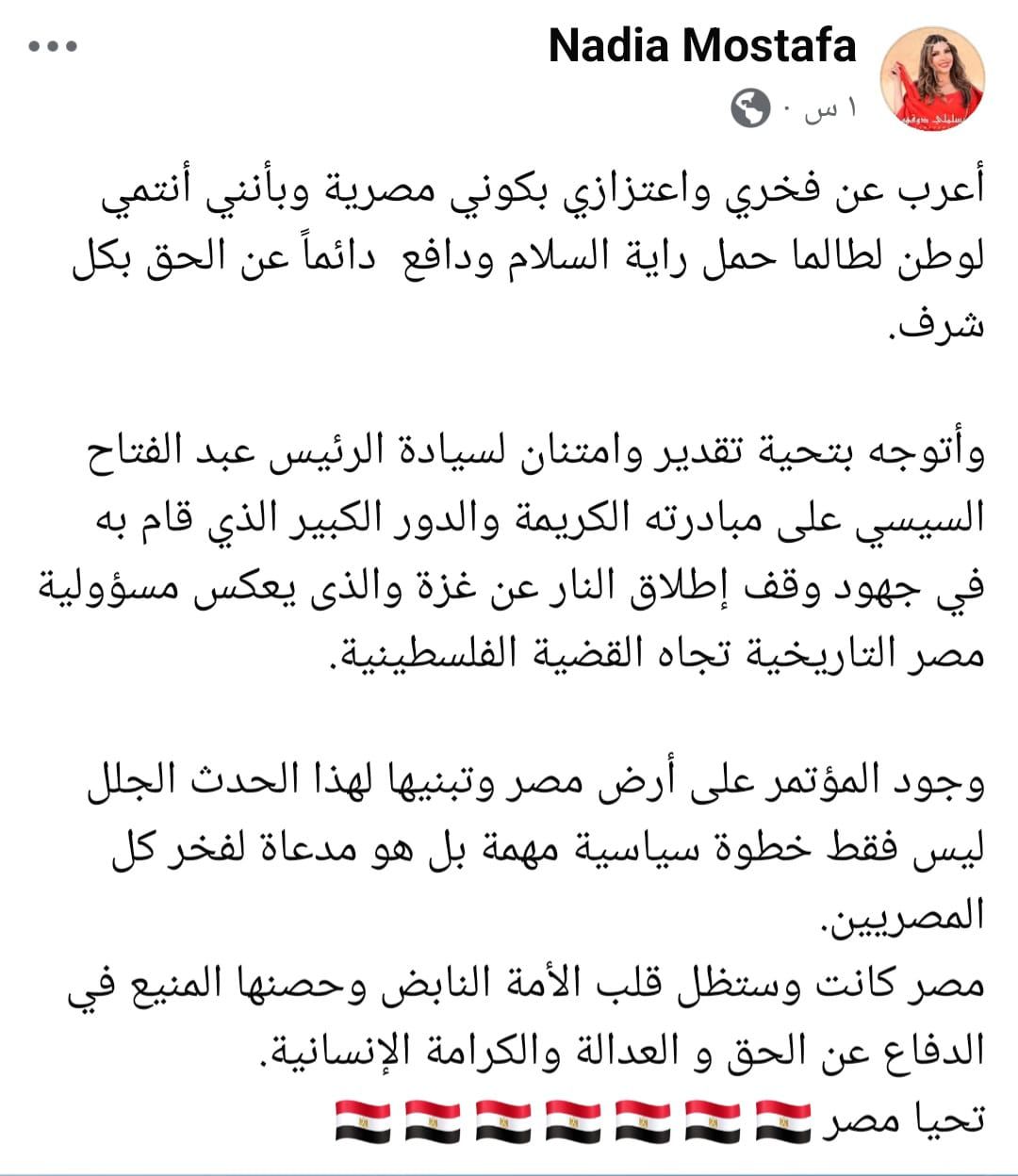 نادية مصطفى: فخورة بوطني وممتنة للرئيس السيسي لجهوده في وقف إطلاق النار بغزة - الخليج الان