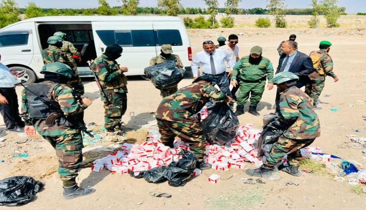 الادارة العامة لمكافحة المخدرات بقوات الحزام الأمني تُتلف كمية كبيرة من الحبوب المخدرة