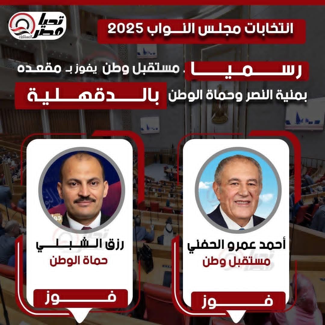 الوطنية للانتخابات تعلن فوز مرشحو مستقبل وطن وحماة الوطن بمقعدي دائرة منية النصر بالدقهلية - الخليج الان