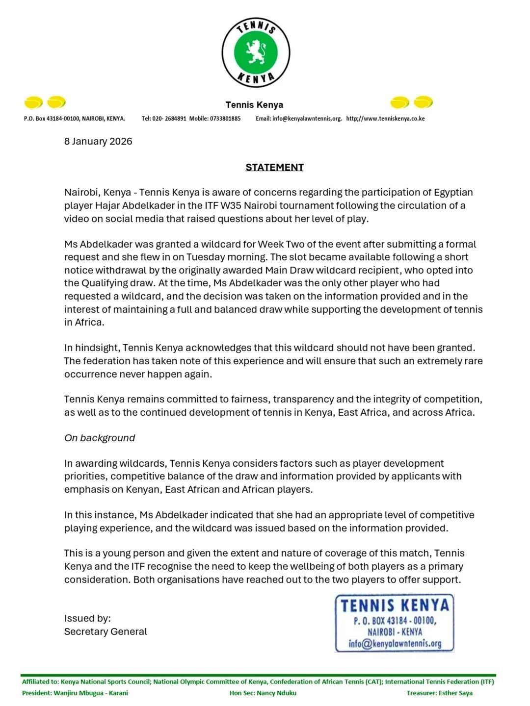 الاتحاد الكيني يعترف بخطأ منح بطاقة هاجر عبد القادر لاعبة التنس - الخليج الان
