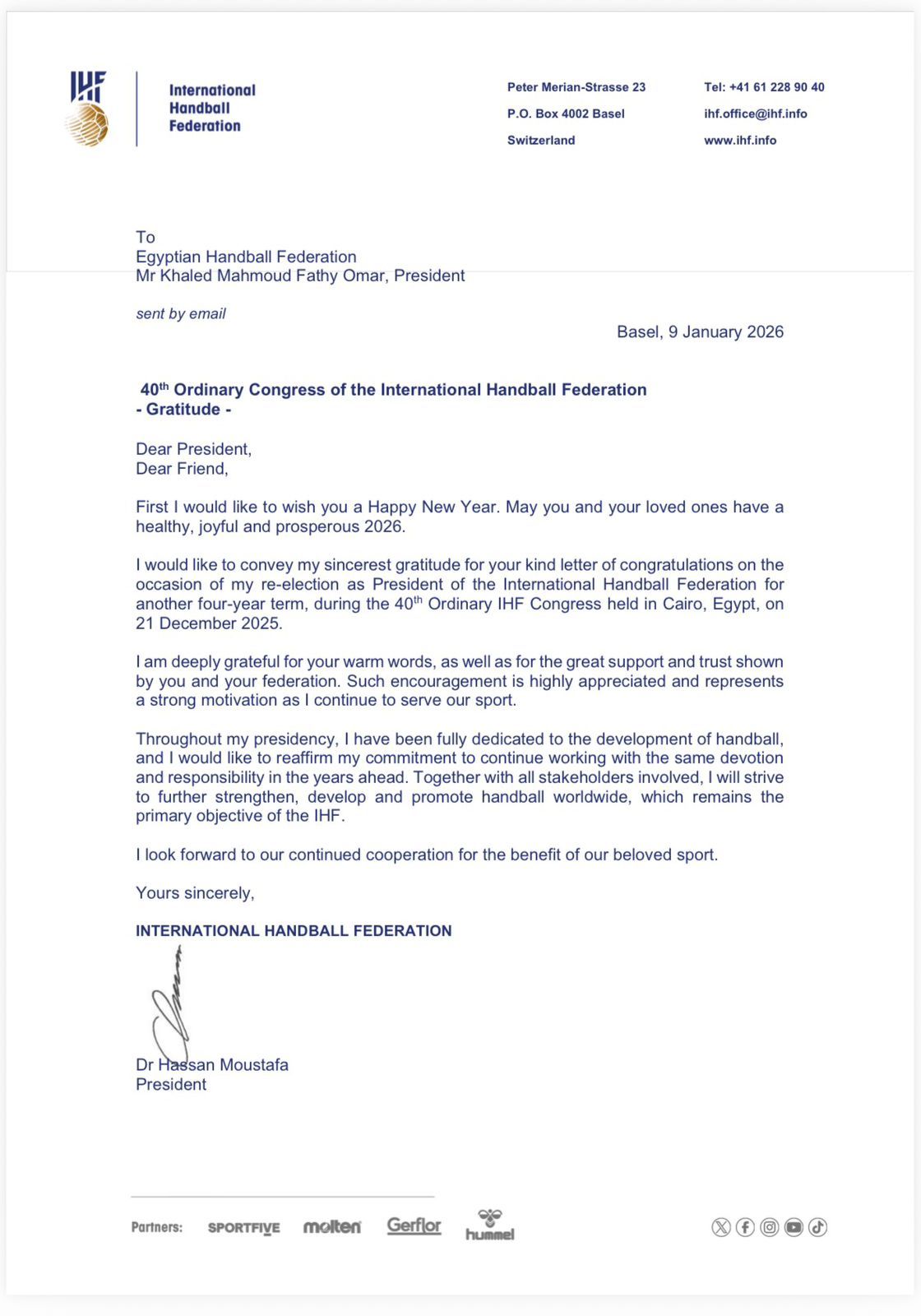 رئيس الاتحاد الدولي لليد يشكر الاتحاد المصري على تهنئته بالفوز بالانتخابات - الخليج الان