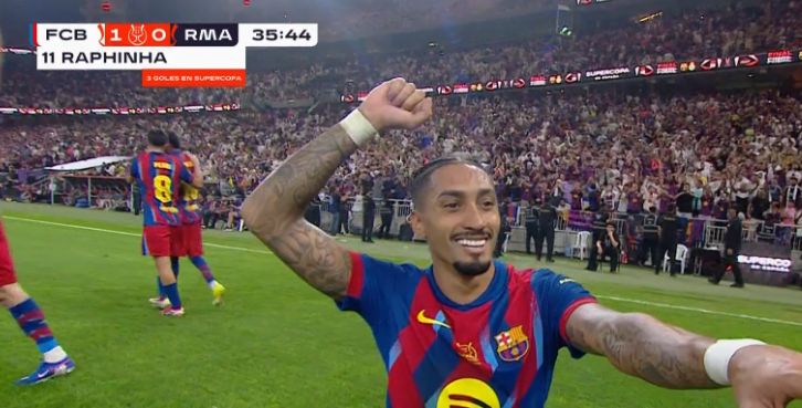 ريال مدريد وبرشلونة.. رافينيا يسجل الهدف الأول لبرشلونة في مرمى ريال مدريد بنهائي كأس السوبر الإسباني - الخليج الان