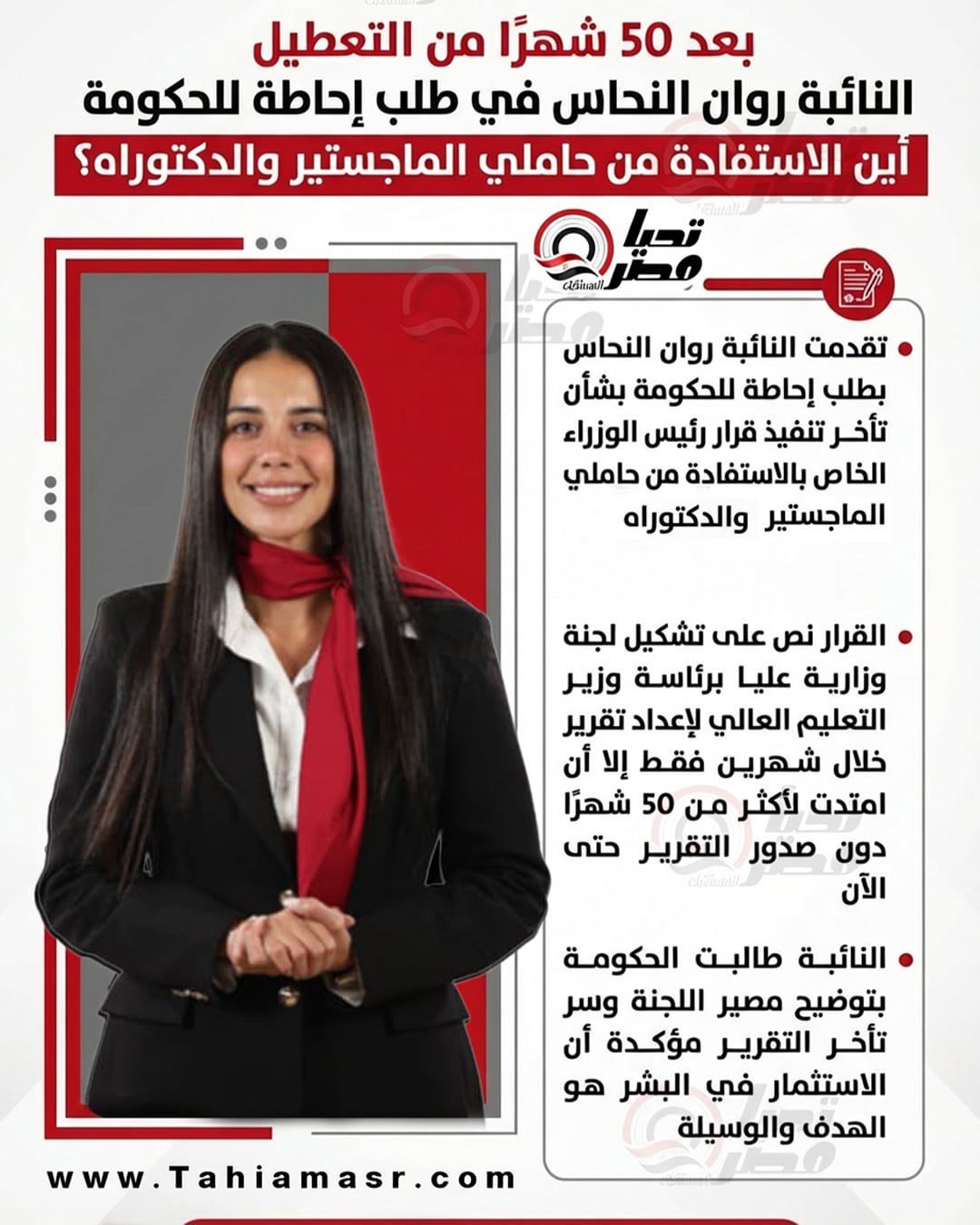 بعد 50 شهرًا من التعطيل.. النائبة روان النحاس في طلب إحاطة للحكومة: أين الاستفادة من حاملي الماجستير والدكتوراه؟ - الخليج الان