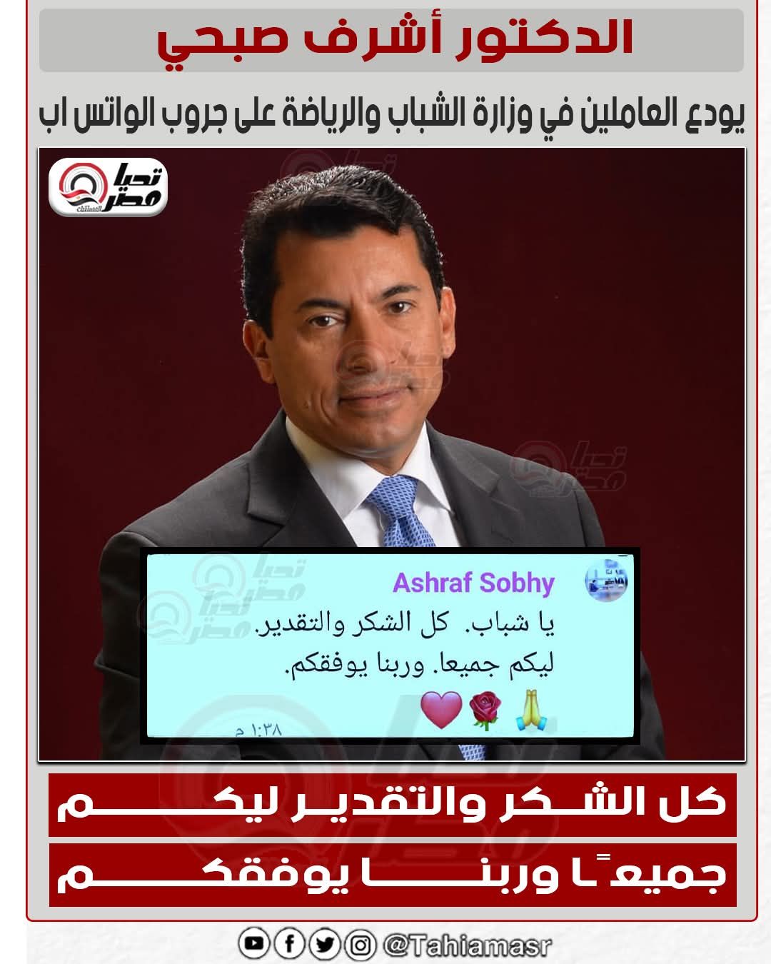 رسالة وداع أشرف صبحي قبل التعديل الوزاري لوزارة الشباب والرياضة - الخليج الان