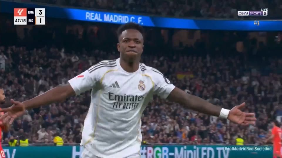 الريال ضد ريال سوسيداد.. فينيسيوس جونيور يسجل الهدف الرابع لـ ريال مدريد في مرمى ريال سوسيداد بالدوري الإسباني - الخليج الان