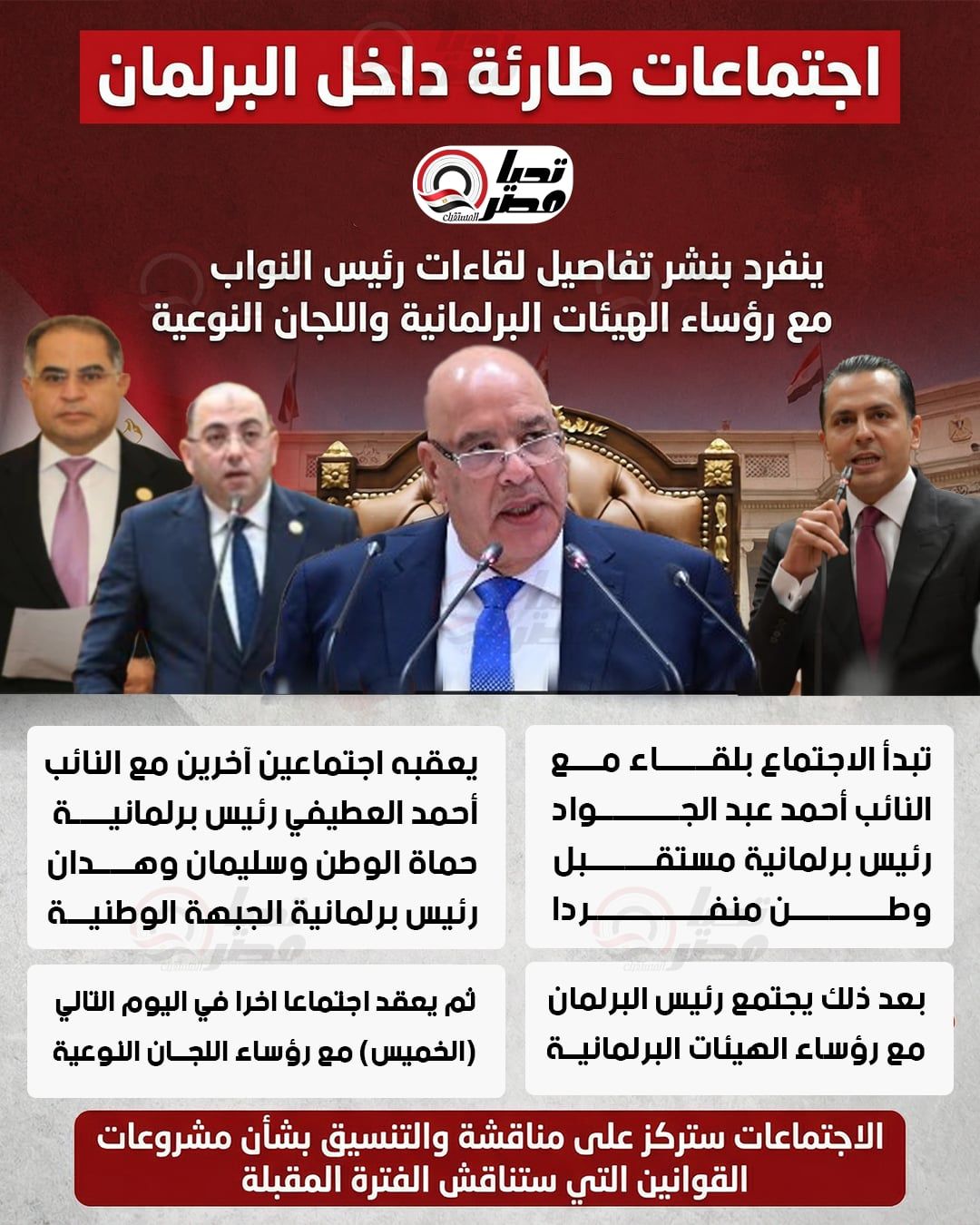 اجتماعات طارئة داخل البرلمان.. تليجراف الخليج ينفرد بتفاصيل لقاءات رئيس النواب مع الهيئات واللجان.. الأربعاء والخميس - الخليج الان