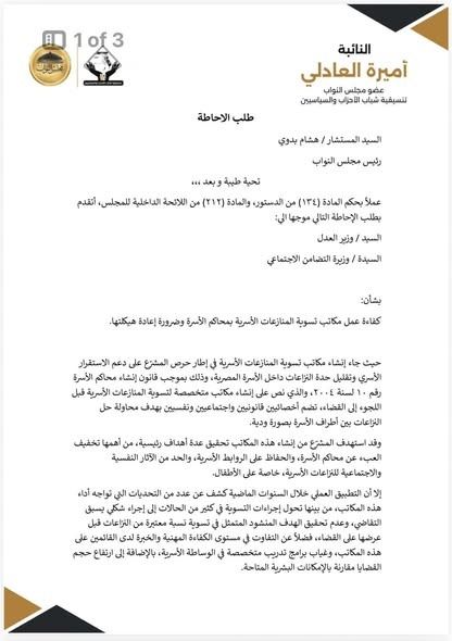 أميرة العادلي تطالب بإعادة هيكلة مكاتب تسوية المنازعات الأسرية لزيادة فاعليتها - الخليج الان