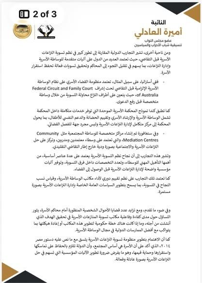 أميرة العادلي تطالب بإعادة هيكلة مكاتب تسوية المنازعات الأسرية لزيادة فاعليتها - الخليج الان