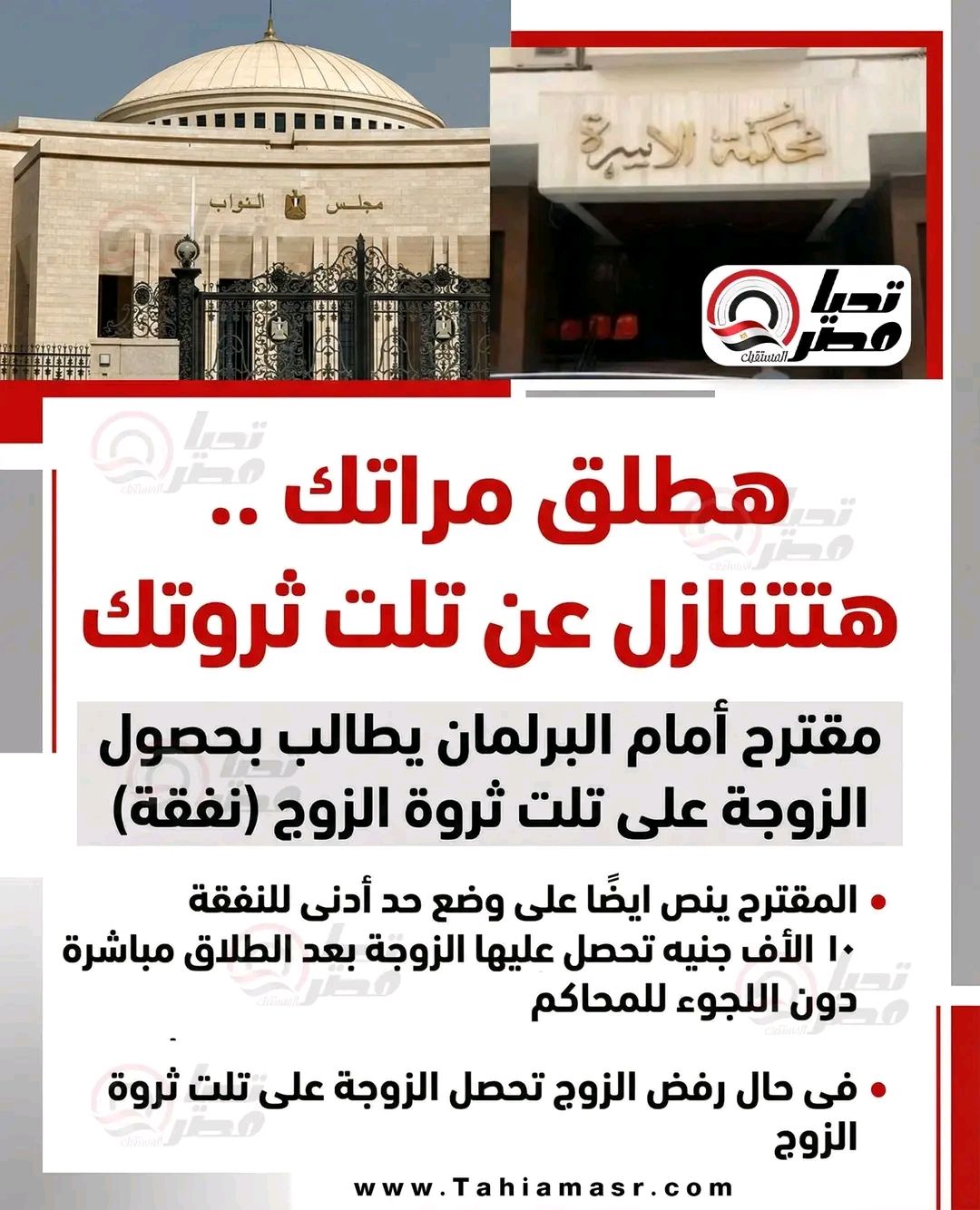 مقترح برلماني يمنح الزوجة ثلث ثروة الزوج وحدًا أدنى للنفقة 10 آلاف جنيه - الخليج الان