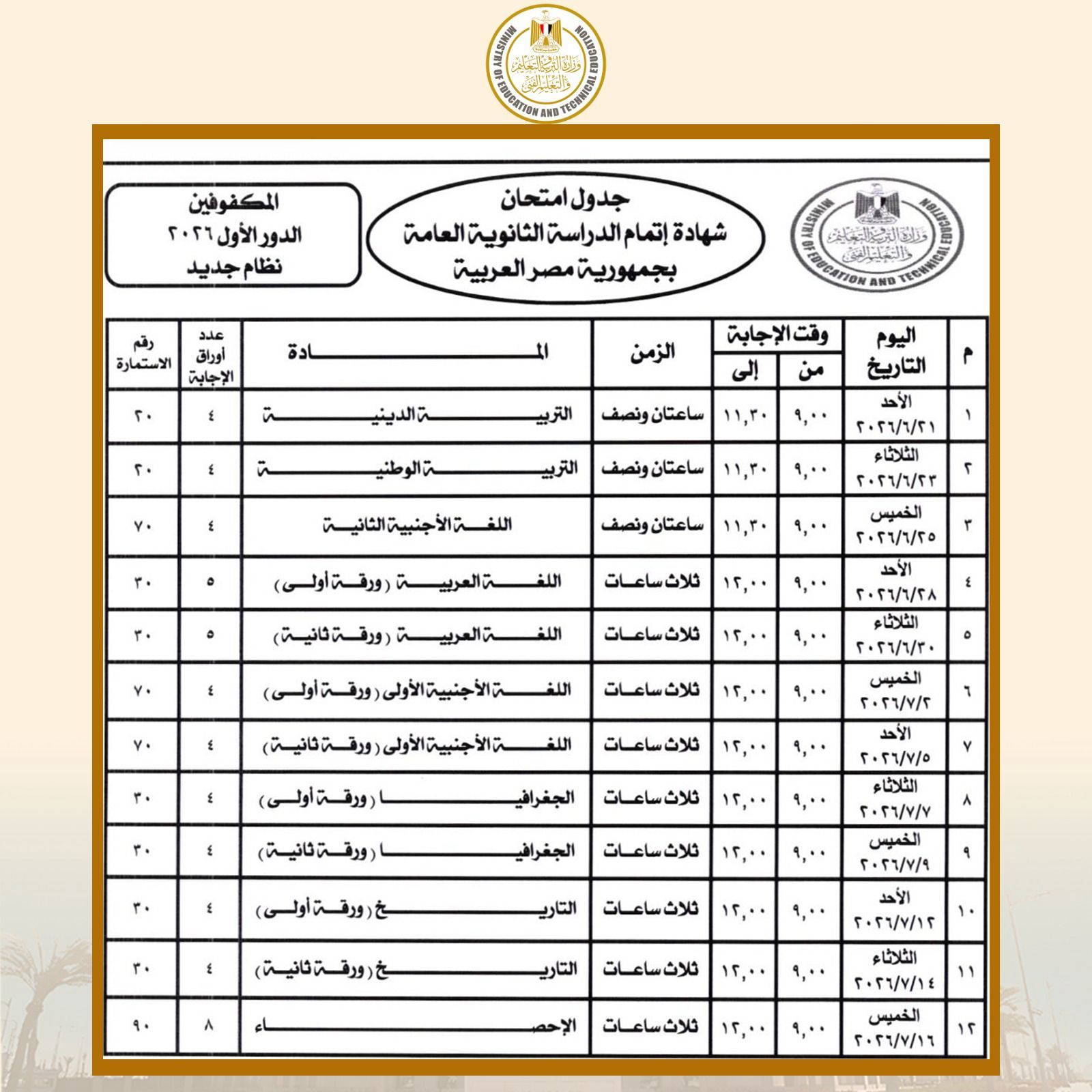 رسميًا الآن | اعتماد جدول امتحانات الثانوية العامة 2026.. تعرف على مواعيد البداية والنهاية لكل الشعب - الخليج الان