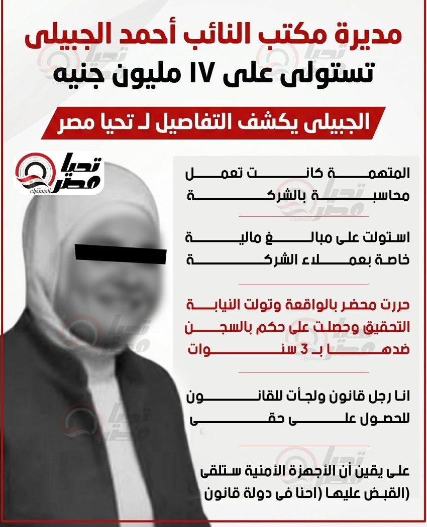 النائب أحمد الجبيلى يكشف لـ تليجراف الخليج تفاصيل سرقة مديرة مكتبه ١٧ مليون جنيه - الخليج الان