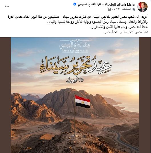انتصار السيسي في ذكرى تحرير سيناء: نحيى تضحيات أبطالنا ونفخر باستعادة أرضنا الغالية - الخليج الان