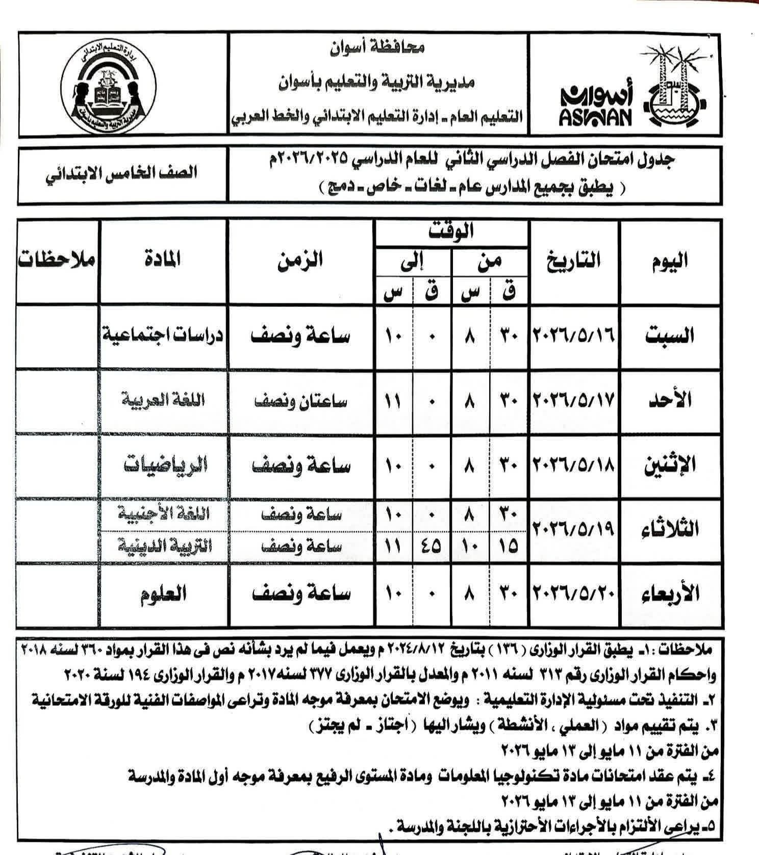 جداول امتحانات الصفوف الابتدائية بأسوان 2026 الترم الثاني.. المواعيد الرسمية للفترة الصباحية والمسائية - الخليج الان