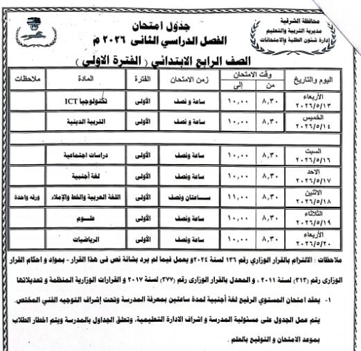 محافظ الشرقية يعتمد جدول امتحانات الفصل الدراسي الثاني للعام الدراسي ٢٠٢٥ / ٢٠٢٦ - الخليج الان