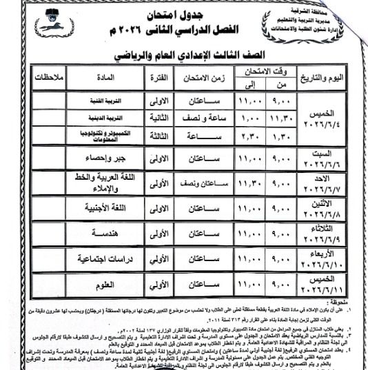 محافظ الشرقية يعتمد جدول امتحانات الفصل الدراسي الثاني للعام الدراسي ٢٠٢٥ / ٢٠٢٦ - الخليج الان