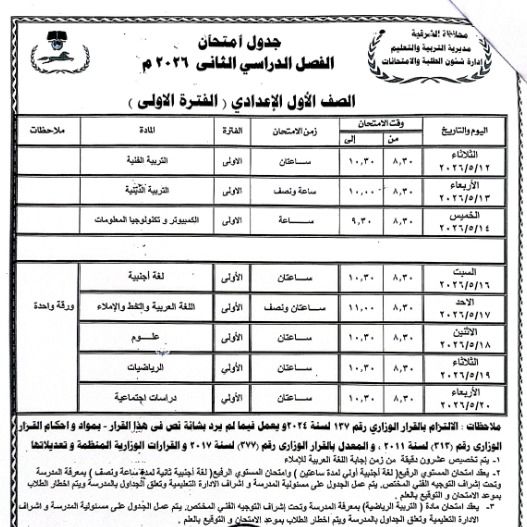 محافظ الشرقية يعتمد جدول امتحانات الفصل الدراسي الثاني للعام الدراسي ٢٠٢٥ / ٢٠٢٦ - الخليج الان