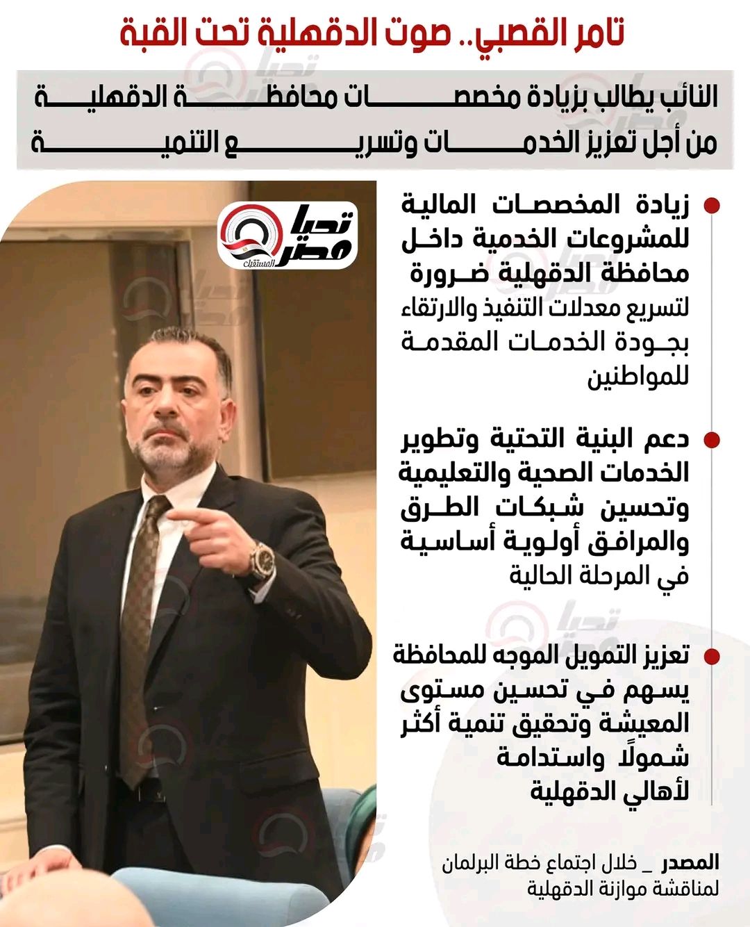تامر القصبي.. صوت الدقهلية تحت القبة.. النائب يطالب بزيادة مخصصات محافظة الدقهلية من أجل تعزيز الخدمات وتسريع التنمية - الخليج الان