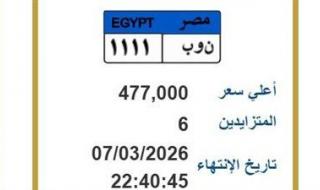 لوحة «ن و ب 1111» تصل المزاد الإلكتروني إلى 477 ألف جنيه - الخليج الان
